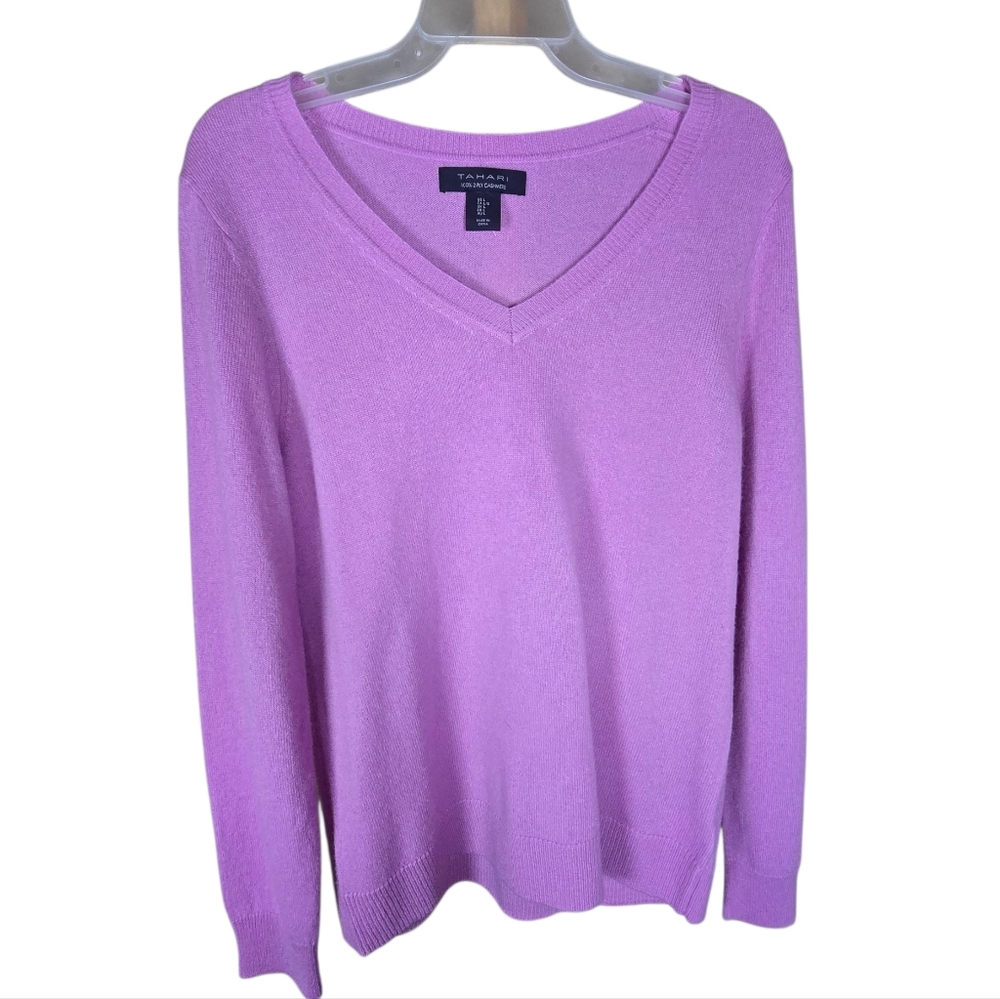 Tahari Luxury 2 Ply Cashmere Lavender Pullover V Neck Sweater Large